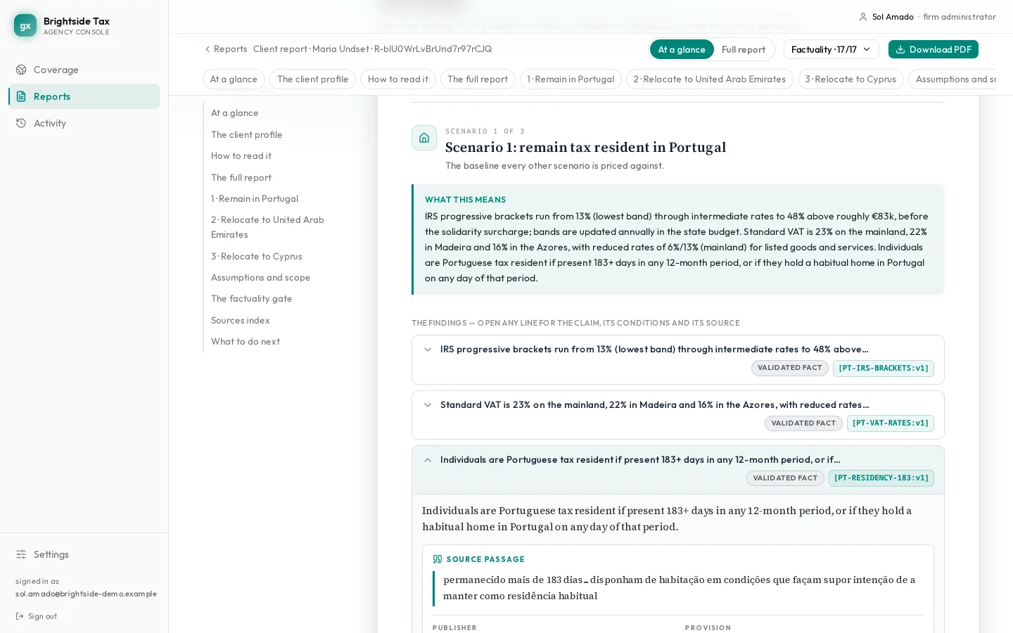An evidence card opened on a cited sentence: the fact version id, a Validated badge, the publisher marked as a primary source, its verbatim source passage and a link to the primary source.