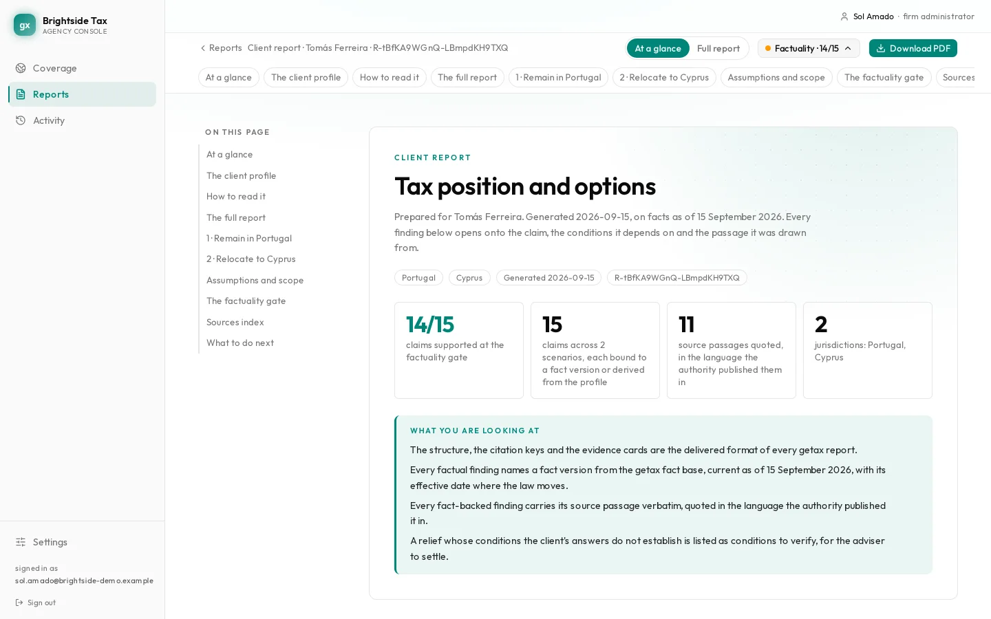 The factuality panel above a report: '25 of 26 claims supported', one sentence marked Unsupported with a Locate button, and a note that the client sees only the count.