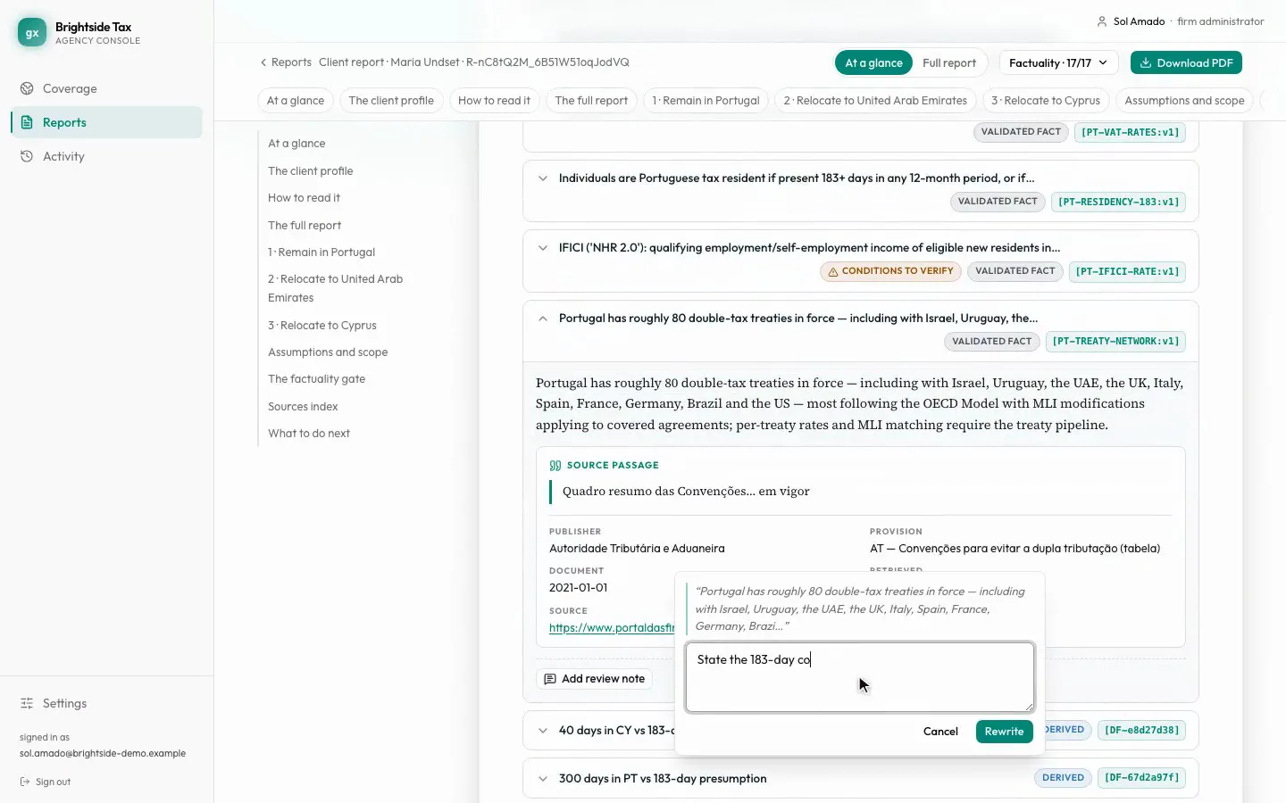 A recording of the getax console: the Reports board, a client report with its sources and an evidence card, an instruction typed into the regeneration composer, the new version, the review notes and the factuality panel.